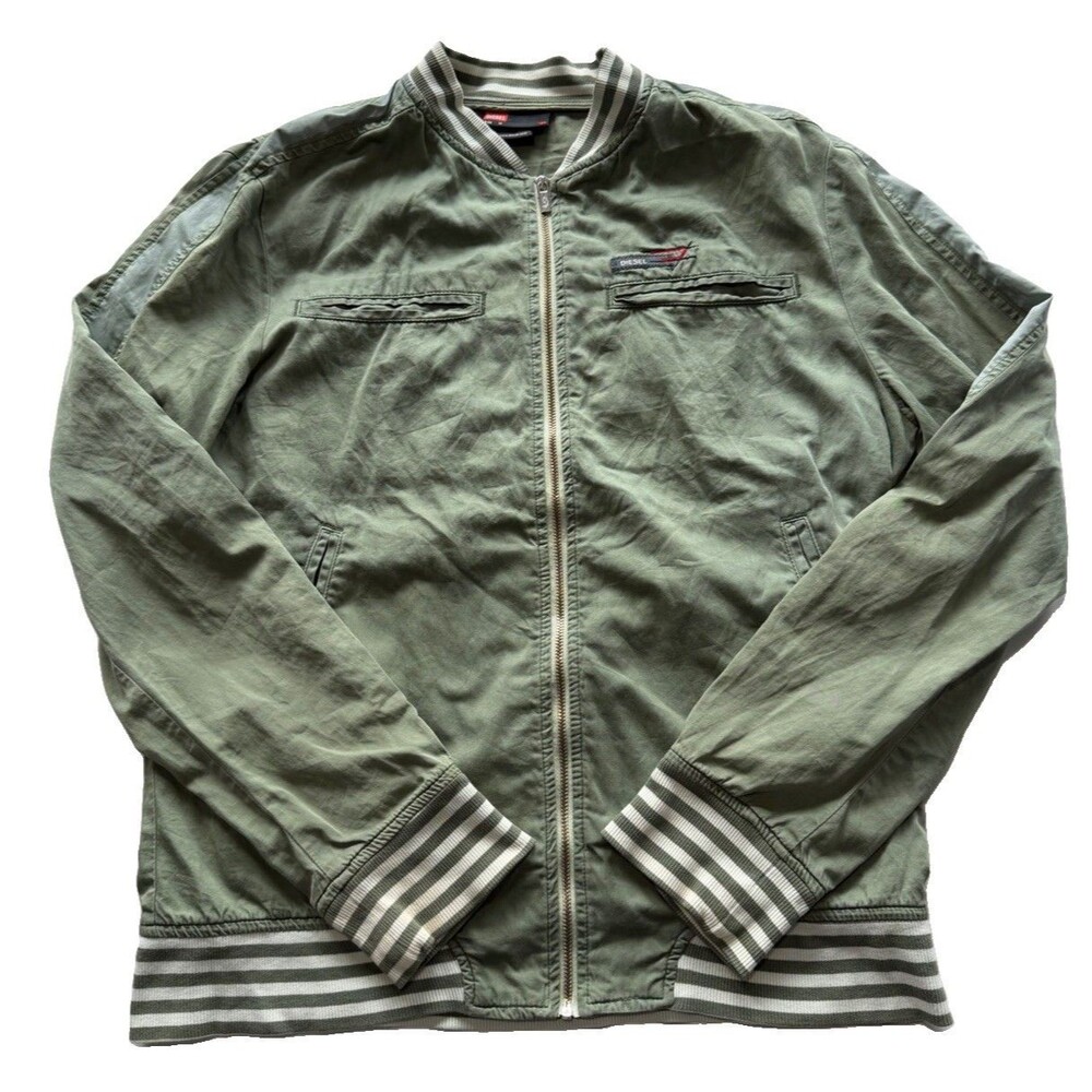 Diesel Archive Olive Green Rider Bomber Jacket Mens Medium Striped Ribbed 90s